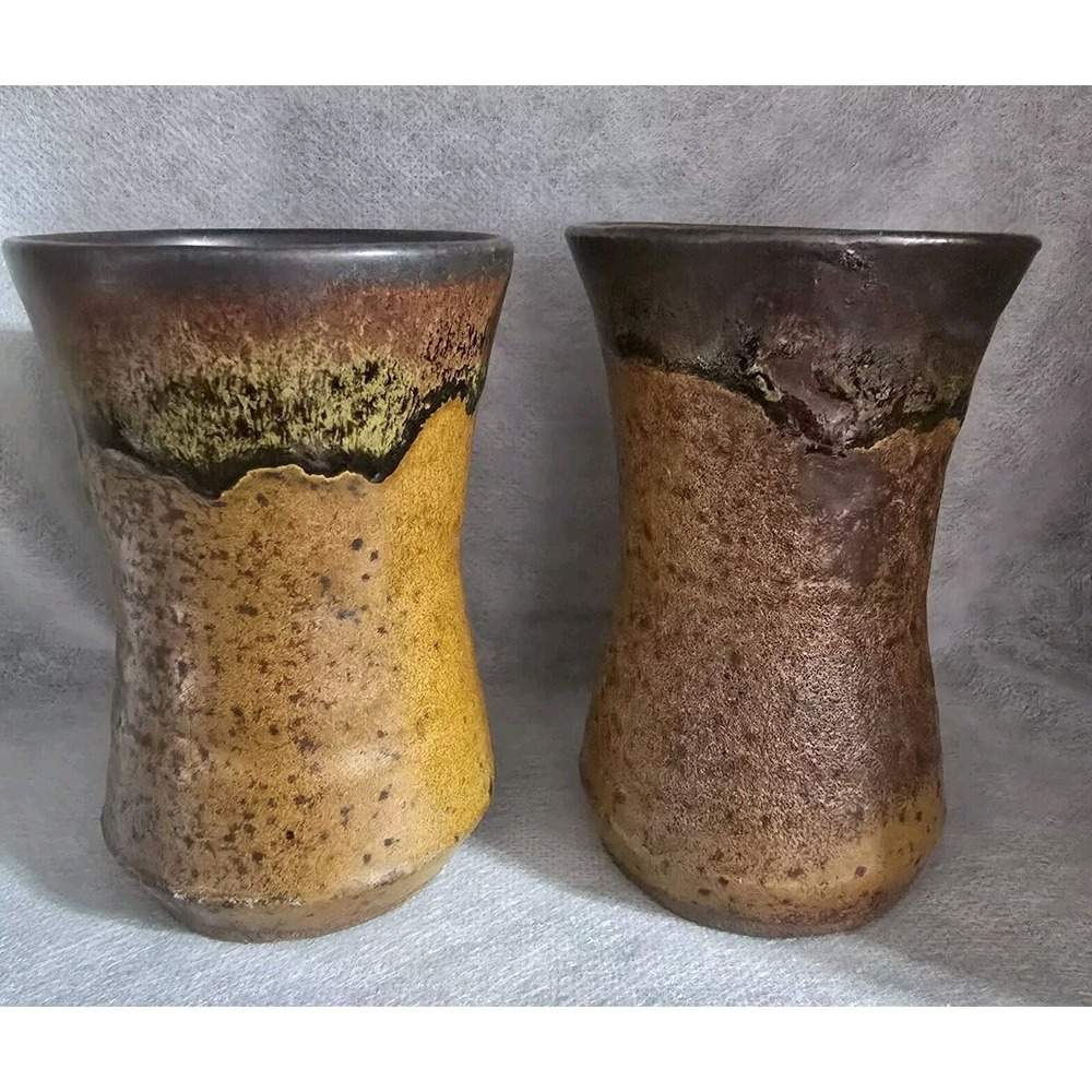 Pottery Drip Glaze‎ Brown Tumbler Cups Vase Browns Tan Set 2 Signed